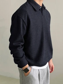 DAZY 春秋款海軍藍 Polo 領舒適針織羅紋面料韓系男士套頭運動衫 - 藏蓝色 - 查看 4