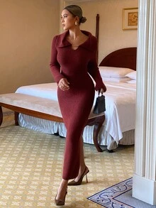 Strévra Women's Fall Dark Red Round Neck Long Sleeve Fitted Waist Ribbed Knit Elegant Sweater Dress Thanksgiving Dinner Date Night Winter - Burgundy - View 1