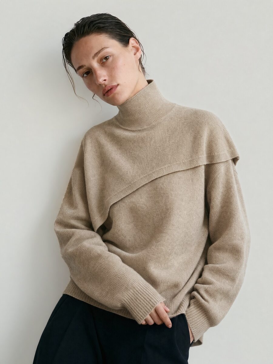 Dazy-Less Women's Round Neck Long Sleeve Beige Solid Color Loose Ribbed Knit Casual French Minimalist Versatile Sweater Business Office Brunch Autumn - Camel - View 1