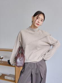 Dazy-Less Women's Round Neck Long Sleeve Beige Solid Color Loose Ribbed Knit Casual French Minimalist Versatile Sweater Business Office Brunch Autumn - Camel - View 4
