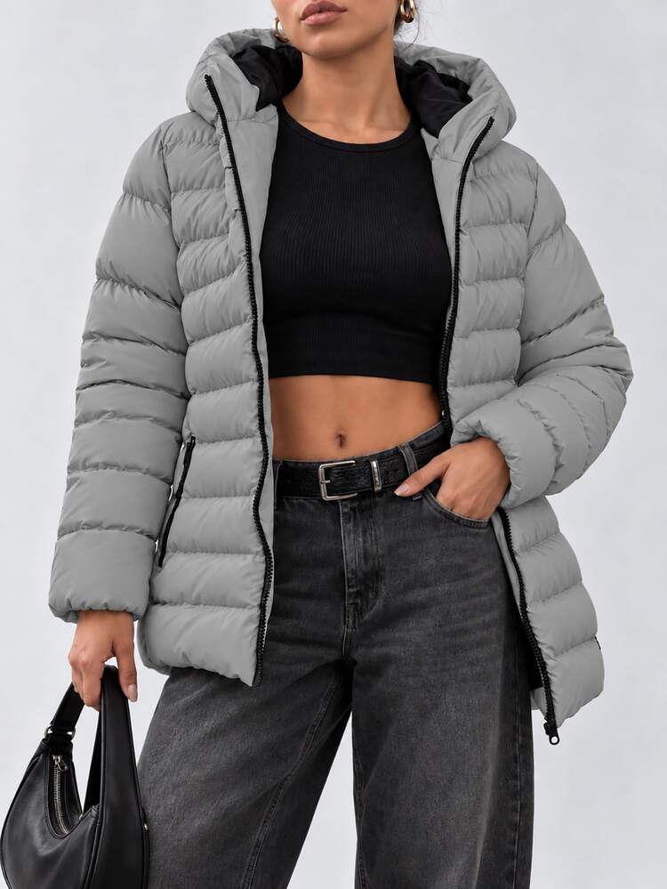 EURMUSE معطف مبطن بغطاء رأس وياقة بسحاب وأكمام طويلة بلون موحد للنساء، كاجوال للسفر والمشي لمسافات طويلة في الشتاء، رمادي - رمادي - مشاهدة 2