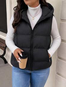 SHEIN Cottnline Plus Size Frenchy Zipper Drawstring Hooded Cardigan Puffer Jacket, For Winter - Black - View 3