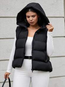 SHEIN Cottnline Plus Size Frenchy Zipper Drawstring Hooded Cardigan Puffer Jacket, For Winter - Black - View 4