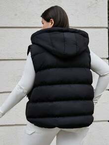 SHEIN Cottnline Plus Size Frenchy Zipper Drawstring Hooded Cardigan Puffer Jacket, For Winter - Black - View 8