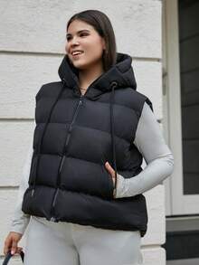 SHEIN Cottnline Plus Size Frenchy Zipper Drawstring Hooded Cardigan Puffer Jacket, For Winter - Black - View 5