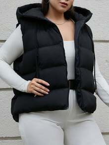 SHEIN Cottnline Plus Size Frenchy Zipper Drawstring Hooded Cardigan Puffer Jacket, For Winter - Black - View 7