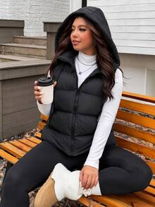 SHEIN Cottnline Plus Size Frenchy Zipper Drawstring Hooded Cardigan Puffer Jacket, For Winter - Black - View 2