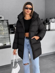 EURMUSE Slant Pocket Zip Up Padded Coat - Black - View 7