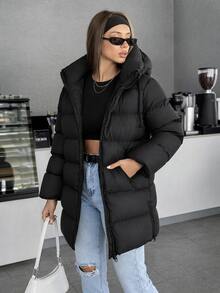 EURMUSE Slant Pocket Zip Up Padded Coat - Black - View 6