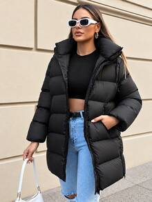 EURMUSE Slant Pocket Zip Up Padded Coat - Black - View 3