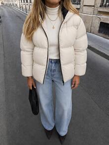 EURMUSE Zip Up Hooded Padded Coat - Beige - View 7