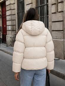 EURMUSE Zip Up Hooded Padded Coat - Beige - View 3