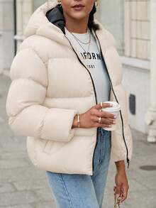 EURMUSE Zip Up Hooded Padded Coat - Beige - View 8