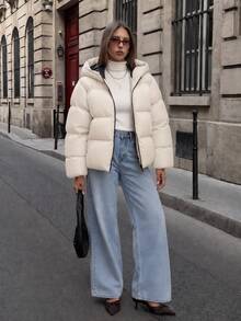 EURMUSE Zip Up Hooded Padded Coat - Beige - View 6