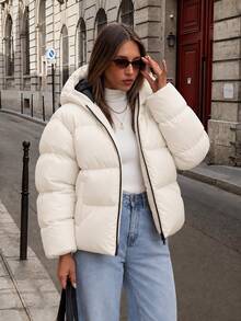 EURMUSE Zip Up Hooded Padded Coat - Beige - View 5