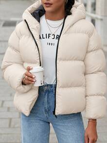 EURMUSE Zip Up Hooded Padded Coat - Beige - View 4