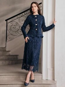 Anewsta Women's Elegant 2 Pieces Set Embroidered Fabric Jacket With Skirt, Autumn New Style - Navy Blue - View 2