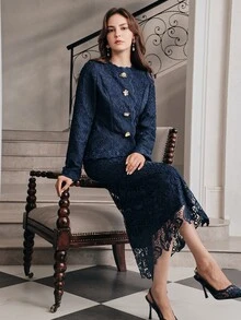 Anewsta Women's Elegant 2 Pieces Set Embroidered Fabric Jacket With Skirt, Autumn New Style - Navy Blue - View 5