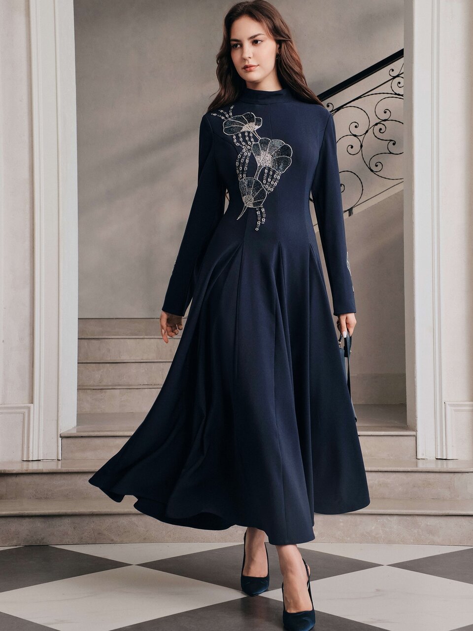 Women's New Autumn/Winter Long Sleeve Embroidered Sequin Sequins Elegant A-Line Flare Dress, Royal Blue Navy Blue Casual Commute Dress, Christmas Women's Apparel