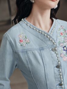 Anewsta Women's New Fashion Heavy Embroidery Gorgeous Elegant Slim Fit Blue JEANS Jacket - Blue - View 1
