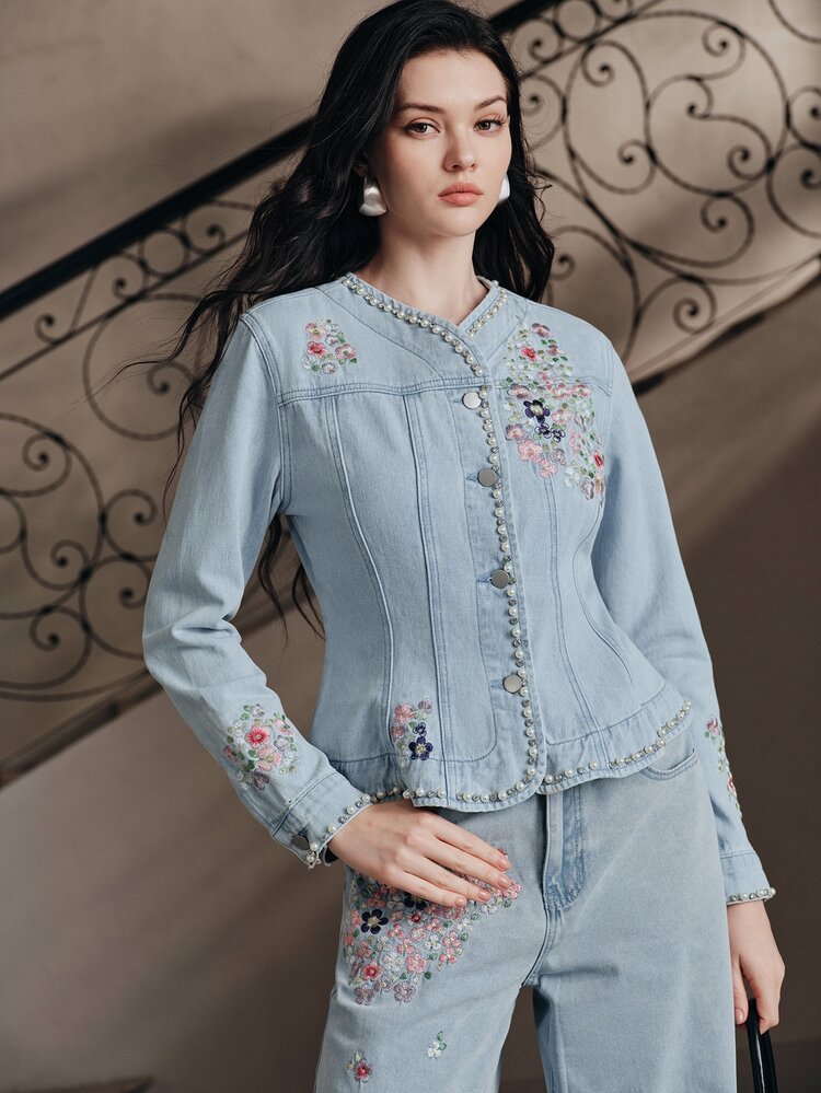 Anewsta 女款新款時尚重工刺繡華麗優雅修身藍色牛仔夾克 - 藍色 - 查看 3