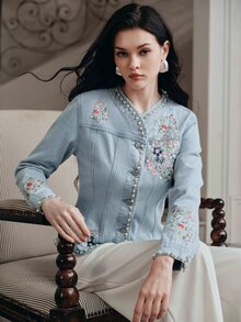 Anewsta Women's New Fashion Heavy Embroidery Gorgeous Elegant Slim Fit Blue JEANS Jacket - Blue - View 2