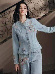 Anewsta Women's New Fashion Heavy Embroidery Gorgeous Elegant Slim Fit Blue JEANS Jacket - Blue - View 4