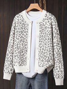 Franclia Round Neck Fashion Casual Basic Vintage Style Button-Up Leopard Print Long Sleeve Plus Size Cardigan - Multicolor - View 1