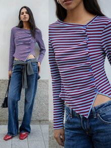 Nöista Striped Slim Fit Knit Top With Asymmetrical Hem. Y2K, Fall Winter, Casual, Dates, Going Out. - Blue - View 1