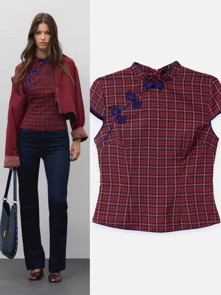 Nöista Red Plaid Fitted Chinese Inspired Top. Fall Winter, Casual, School, Dates, Going Out. - Red - View 1