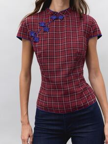 Nöista Red Plaid Fitted Chinese Inspired Top. Fall Winter, Casual, School, Dates, Going Out. - Red - View 4