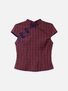 Nöista Red Plaid Fitted Chinese Inspired Top. Fall Winter, Casual, School, Dates, Going Out. - Red - View 7
