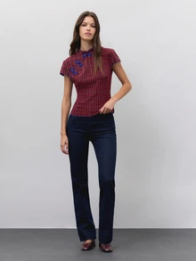 Nöista Red Plaid Fitted Chinese Inspired Top. Fall Winter, Casual, School, Dates, Going Out. - Red - View 5