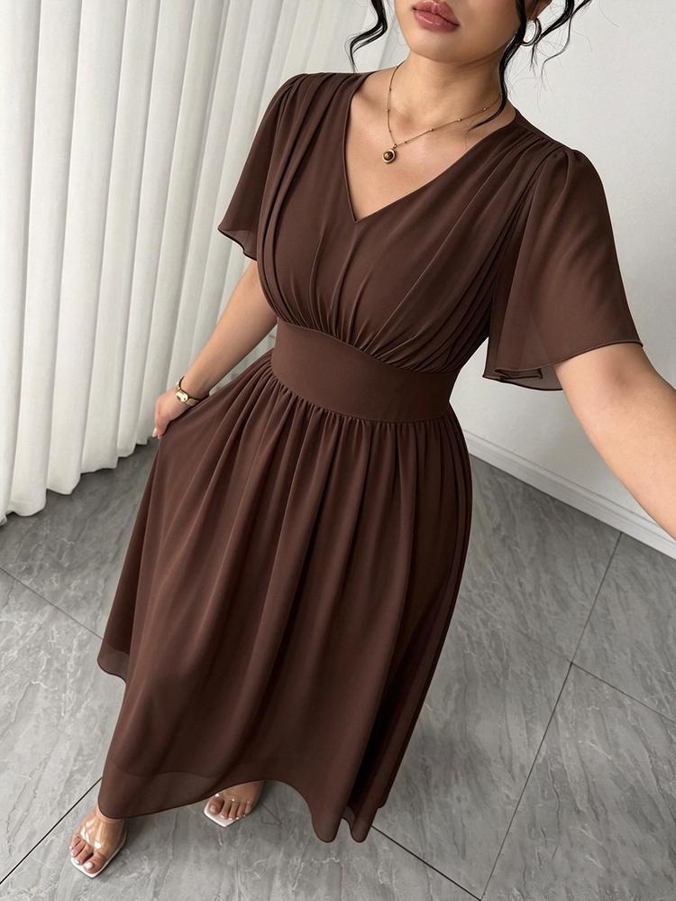 Elenzga Plus Size Women's Elegant Party Cocktail Birthday Gathering V-Neck Cinched Waist Long Blue Dress - Brown - View 5