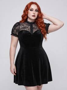 ROMWE Goth Dark Sexy Spider Web Sheer Patchwork Velvet Cosplay Party Plus Size Cinched Waist Dress Birthday Dress - Black - View 3