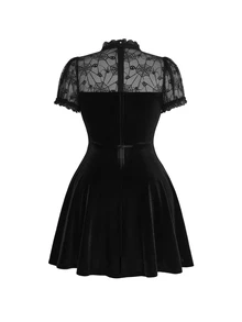 ROMWE Goth Dark Sexy Spider Web Sheer Patchwork Velvet Cosplay Party Plus Size Cinched Waist Dress Birthday Dress - Black - View 2
