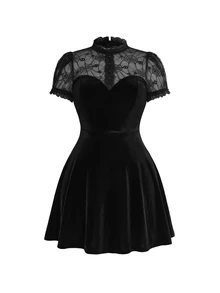 ROMWE Goth Dark Sexy Spider Web Sheer Patchwork Velvet Cosplay Party Plus Size Cinched Waist Dress Birthday Dress - Black - View 1