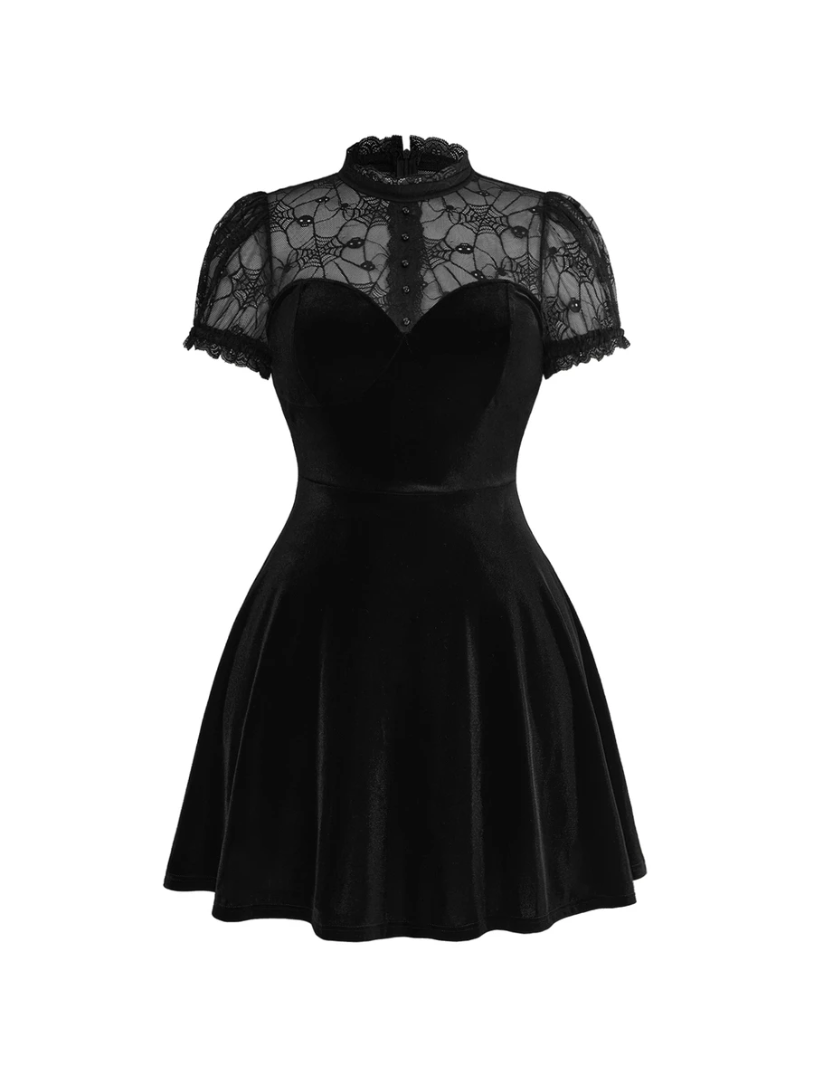 ROMWE Goth Dark Sexy Spider Web Sheer Patchwork Velvet Cosplay Party Plus Size Cinched Waist Dress Birthday Dress - Black - View 1
