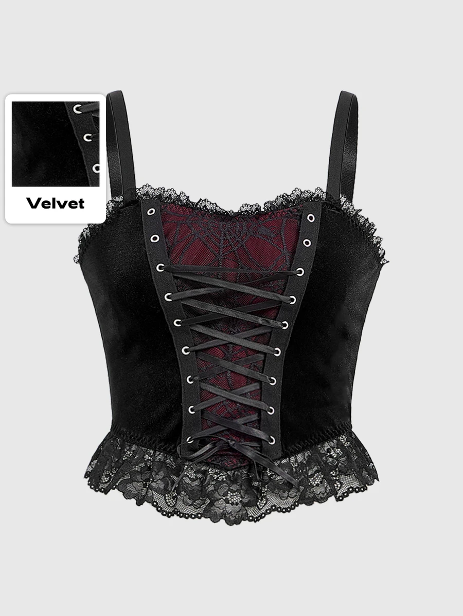ROMWE Women's Gothic Sexy Spiderweb Mesh And Velvet Splicing Tight Crop Top Camisole - Burgundy - View 1