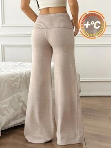 SHEIN PETITE 女款休閒低腰鈕扣裝飾修身直筒喇叭針織長褲 - 卡其色 - 查看 2