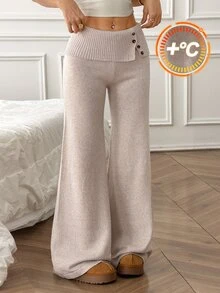 SHEIN PETITE 女款休閒低腰鈕扣裝飾修身直筒喇叭針織長褲 - 卡其色 - 查看 6