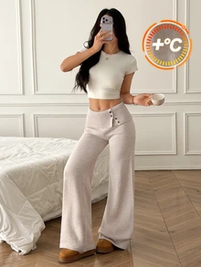 SHEIN PETITE 女款休閒低腰鈕扣裝飾修身直筒喇叭針織長褲 - 卡其色 - 查看 3