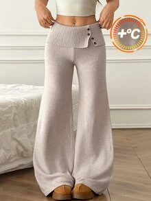 SHEIN PETITE 女款休閒低腰鈕扣裝飾修身直筒喇叭針織長褲 - 卡其色 - 查看 5