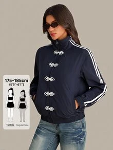 SHEIN Tall Contrast White And Navy Side Zip Up Frog Button Jacket Everyday Going Out Fall Streetwear Baggy Athletic Women's Travel Outfit Tall - Navy Blue - View 1