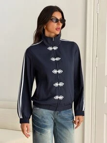 SHEIN Tall Contrast White And Navy Side Zip Up Frog Button Jacket Everyday Going Out Fall Streetwear Baggy Athletic Women's Travel Outfit Tall - Navy Blue - View 5