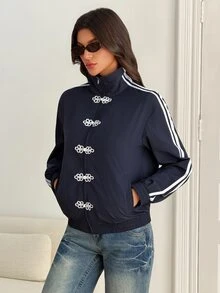SHEIN Tall Contrast White And Navy Side Zip Up Frog Button Jacket Everyday Going Out Fall Streetwear Baggy Athletic Women's Travel Outfit Tall - Navy Blue - View 6