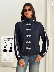 SHEIN Tall Contrast White And Navy Side Zip Up Frog Button Jacket Everyday Going Out Fall Streetwear Baggy Athletic Women's Travel Outfit Tall - Navy Blue - View 8