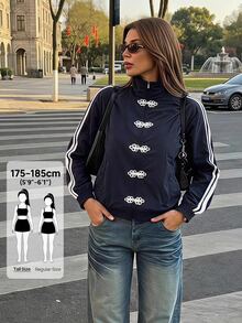 SHEIN Tall Contrast White And Navy Side Zip Up Frog Button Jacket Everyday Going Out Fall Streetwear Baggy Athletic Women's Travel Outfit Tall - Navy Blue - View 10