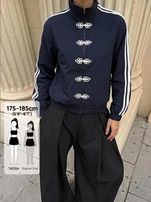 SHEIN Tall Contrast White And Navy Side Zip Up Frog Button Jacket Everyday Going Out Fall Streetwear Baggy Athletic Women's Travel Outfit Tall - Navy Blue - View 11