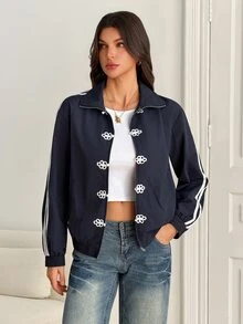 SHEIN Tall Contrast White And Navy Side Zip Up Frog Button Jacket Everyday Going Out Fall Streetwear Baggy Athletic Women's Travel Outfit Tall - Navy Blue - View 3